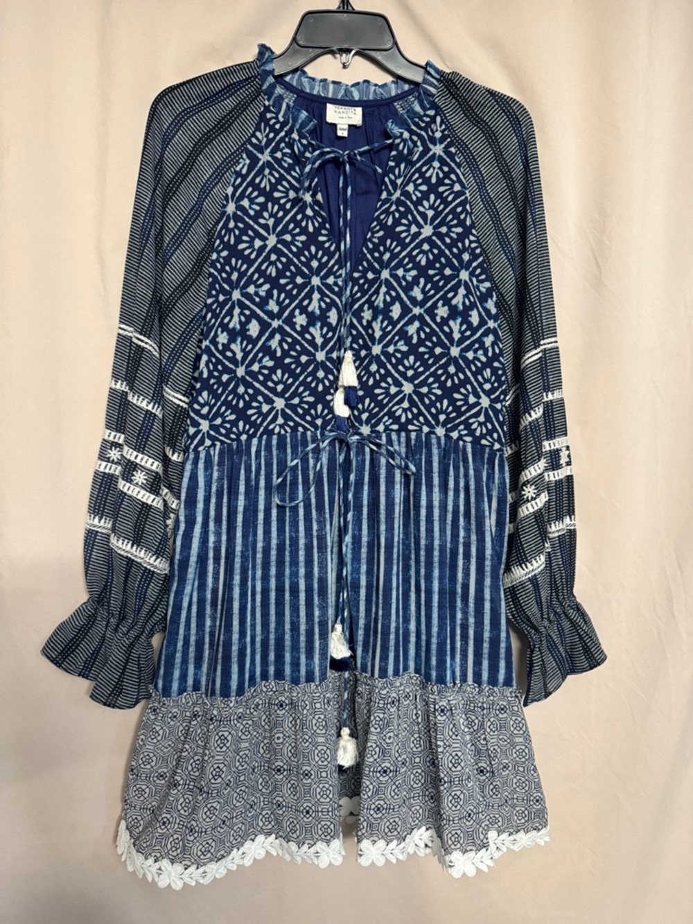 HEMANT & NANDITA Bohemian Tiered Mini Dress, Size S, Color Blue/Gray/White